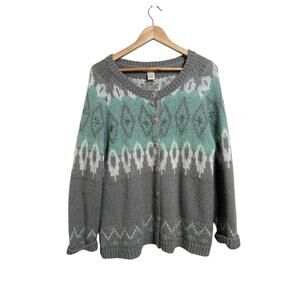 Sundance Women's Green Gray Fair Isle Mohair Knit Button Up Sweater Petite M